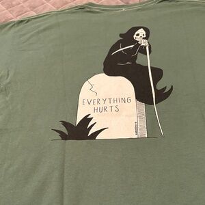 Threadless Olive Tee with 'Everything Hurts' Text. Medium